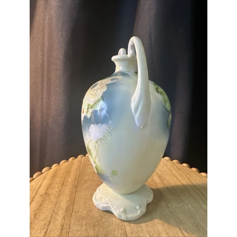 Nippon Double Handle Vase Blue Green yellow Flowers Antique